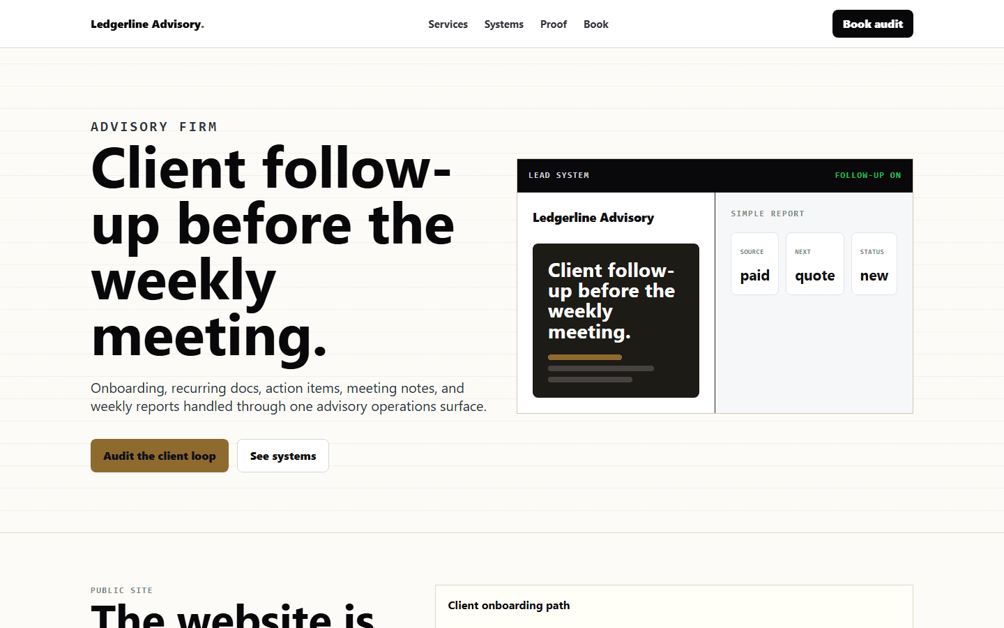 Ledgerline Advisory fictional website concept
