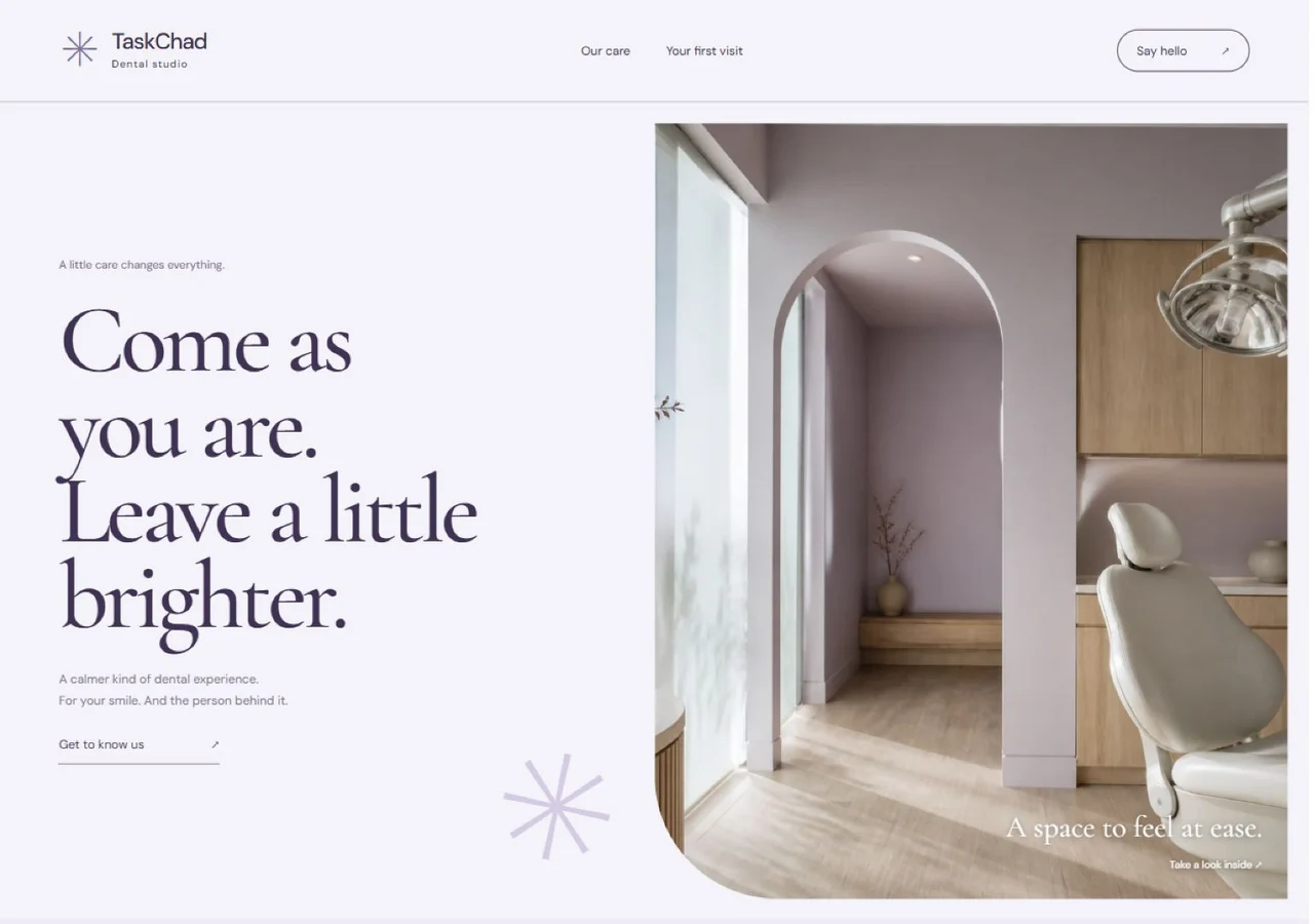A Little Brighter dental website with lavender typography and a welcoming treatment room