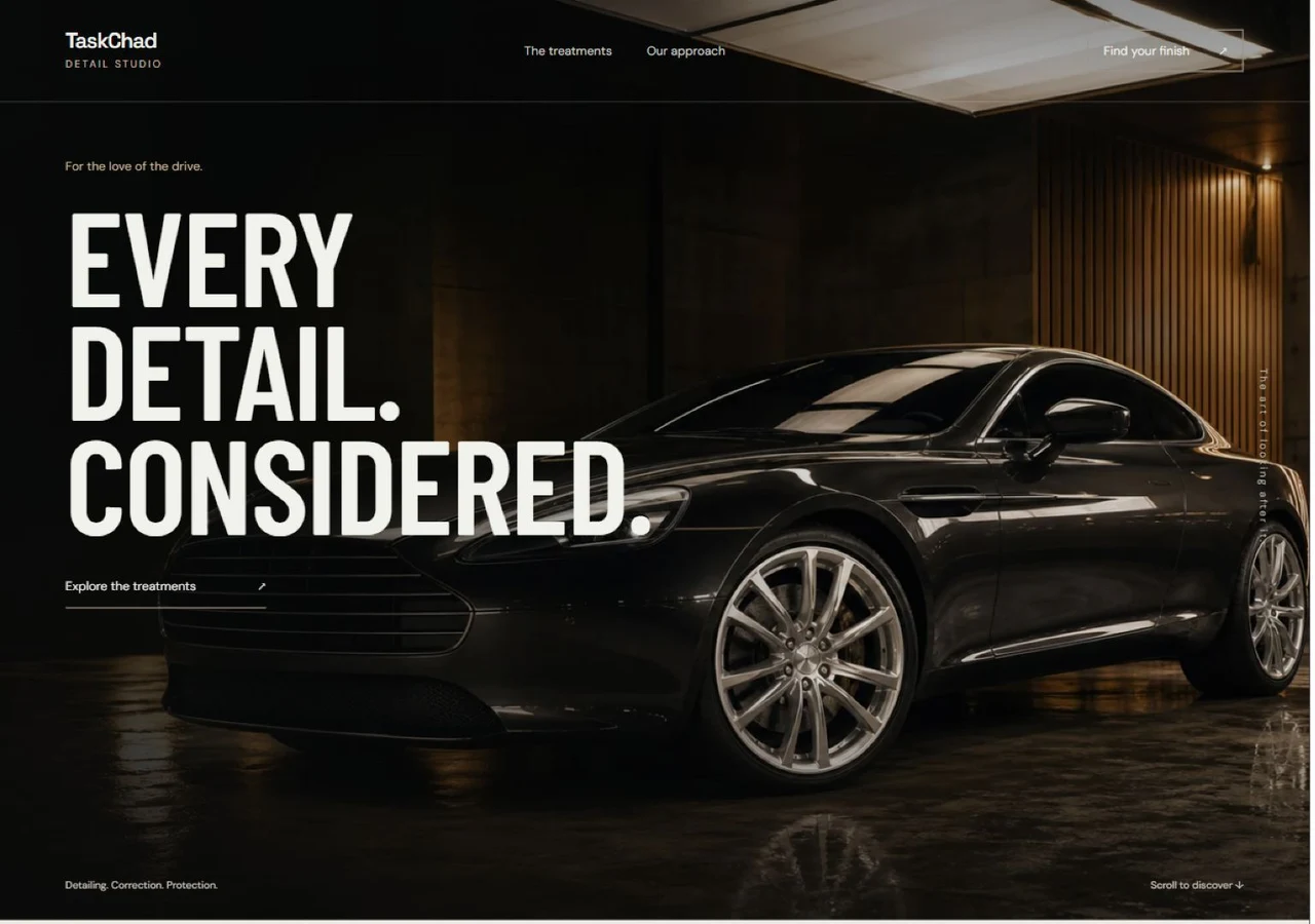 The Detail Studio website with an illuminated coupe and oversized white typography
