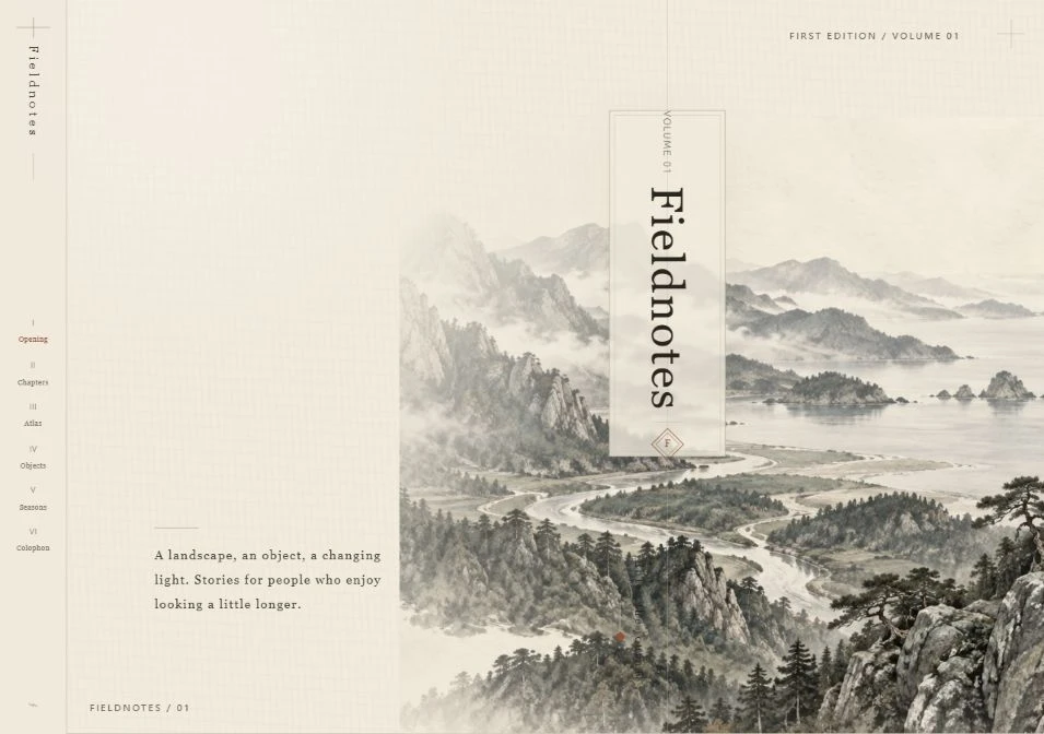 Fieldnotes journal with an illustrated landscape and expressive editorial typography