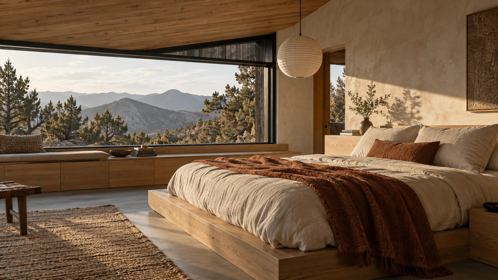 Warm timber and linen in the cabin bedroom