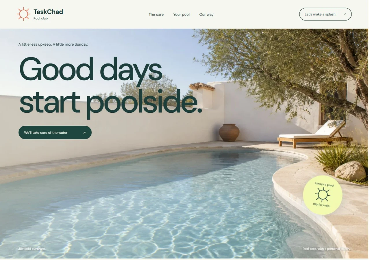 Sunday Pool Club website with a sunlit courtyard pool and coral service planner