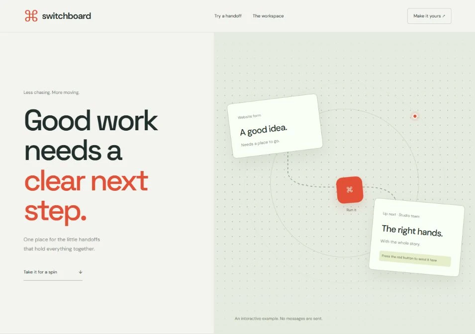 Switchboard product website with an interactive workflow diagram